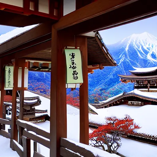 Image similar to photo realistic landscape of a Japanese village in the mountains, snow peaks. Dragon flying by