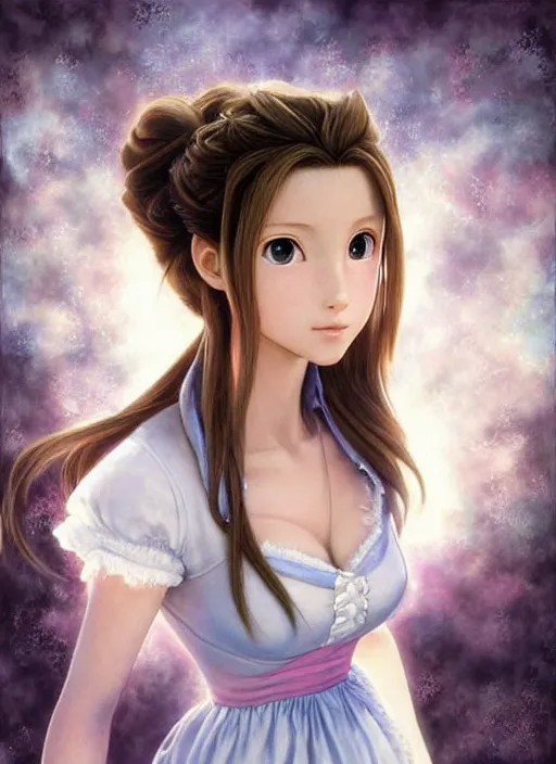 Prompt: Aerith Gainsborough stares intently at you. a bit surreal. ultra detailed painting at 16K resolution and epic visuals. epically surreally beautiful image. amazing effect, image looks crazily crisp as far as it's visual fidelity goes, absolutely outstanding. vivid clarity. ultra. iridescent. mind-breaking. mega-beautiful pencil shadowing. beautiful face. Ultra High Definition. processed twice. polished marble.