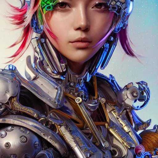 Image similar to studio portrait of lawful good colorful female holy mecha paladin absurdly beautiful, elegant, young sensual graceful woman, ultrafine hyperrealistic detailed face illustration by kim jung gi, irakli nadar, intricate linework, sharp focus, bright colors, matte, octopath traveler, final fantasy, unreal engine highly rendered, global illumination, radiant light, intricate environment