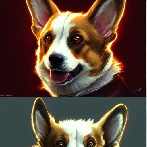 Prompt: A corgi like a hellhound, D&D, dark fantasy, intricate, elegant, highly detailed, digital painting, artstation, concept art, smooth, sharp focus, illustration, art by artgerm and greg rutkowski and alphonse mucha