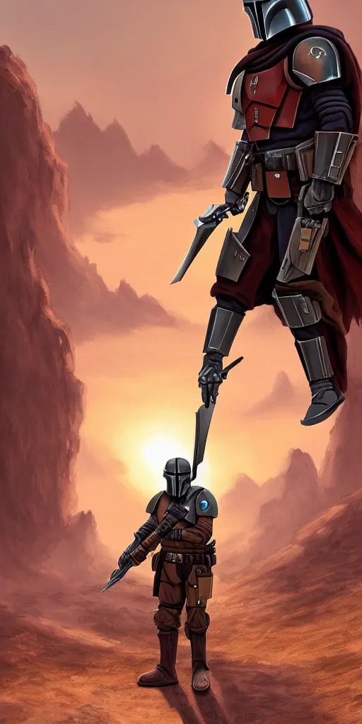 Prompt: a medieval fantasy mandalorian in the style of expert beautiful digital art by envar studio, detailed and ornate armor, concept art, movie quality, ultra realistic, epic, stunning composition, desert sunrise in the background, unreal engine 5, nvidia