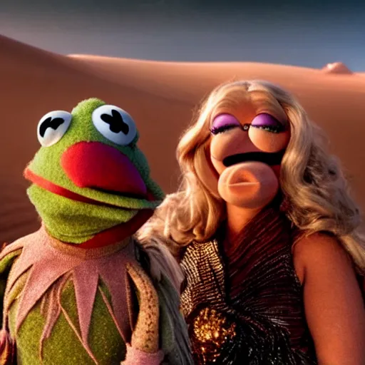 Prompt: The muppets in Dune (2021) wide angle battle scene, highly textured, hyperrealism, god rays, award winning, gritty