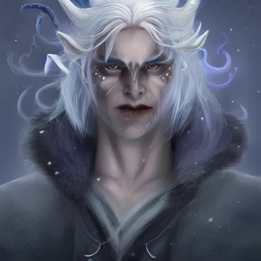 Prompt: the frightening archfey called'the prince of frost ', fantasy, white hair, blue skin, wild eyebrows, young adult, elf, crown, hard edges, soft lighting, professional lighting, trending on artstation