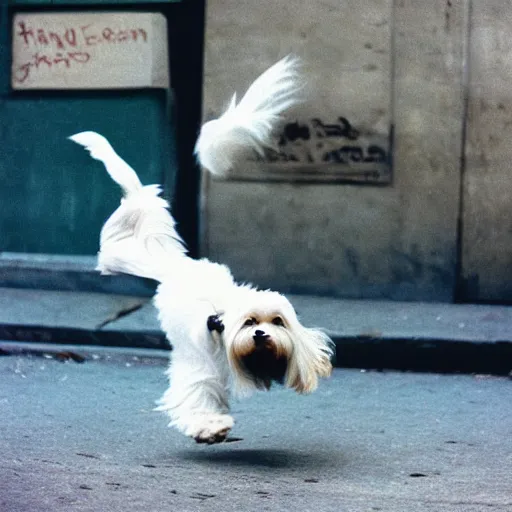 Image similar to “cream colored havanese dog break dancing in New York, 1988, 25mm Kodachrome photography”