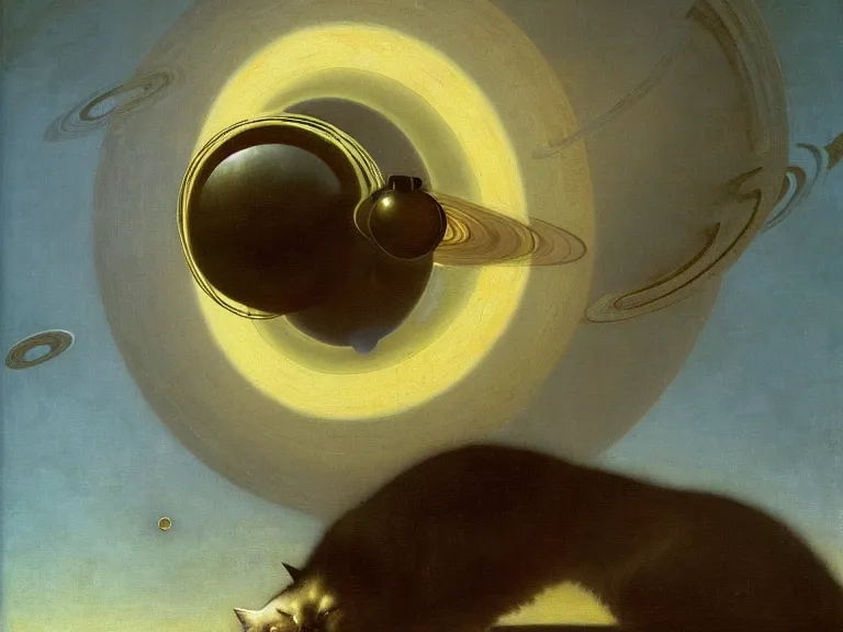 Image similar to an oil painting of a cat in a spacesuit floating by the rings of saturn by beksinski carl spitzweg and tuomas korpi. baroque elements, full-length view. baroque element. intricate artwork by caravaggio. Trending on artstation. 8k