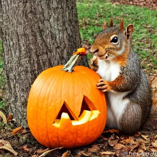 Prompt: squirrel with pumpkin head