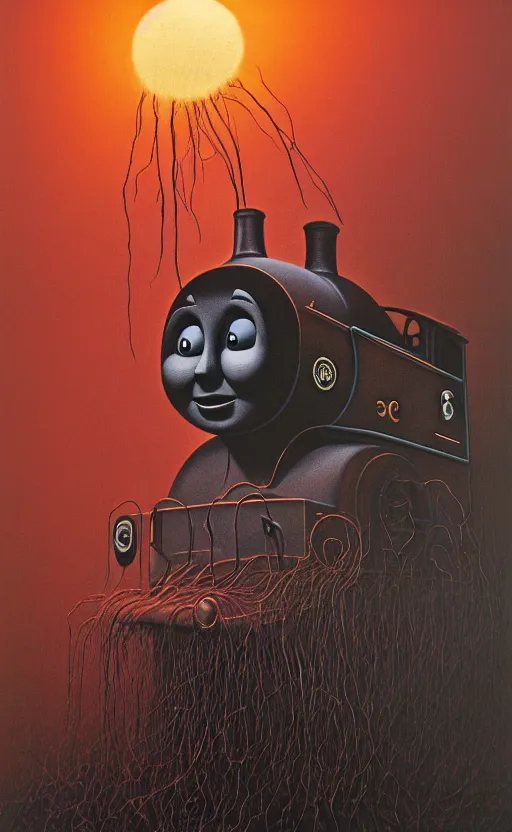 Image similar to thomas the tank engine in style of zdzisław beksinski, extremely dramatic lighting, 8 k, tendrils, black, darkness, black slime tendrils, infected, rust, body horror, thomas the train, thomas the tank engine face, horror,