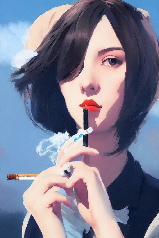 Prompt: A ultradetailed beautiful panting of a stylish woman smoking a cigarette, Oil painting, by Ilya Kuvshinov, Greg Rutkowski and Makoto Shinkai