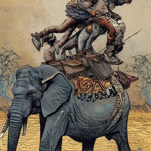 Image similar to elephant riding a motorcycle, art by rebecca guay