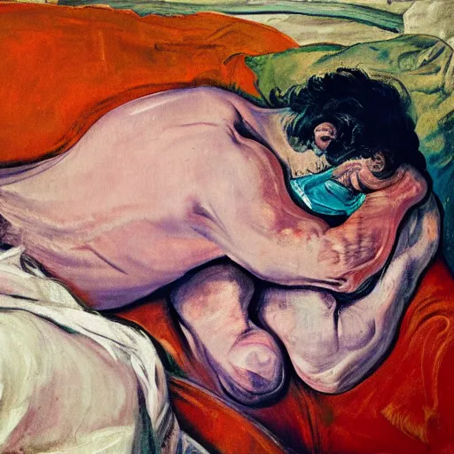 Prompt: high quality high detail expressionist painting of a man sick in bed by lucian freud and jenny saville and francis bacon and francisco goya and edvard munch, hd, anxiety, turquoise and purple and orange and pink