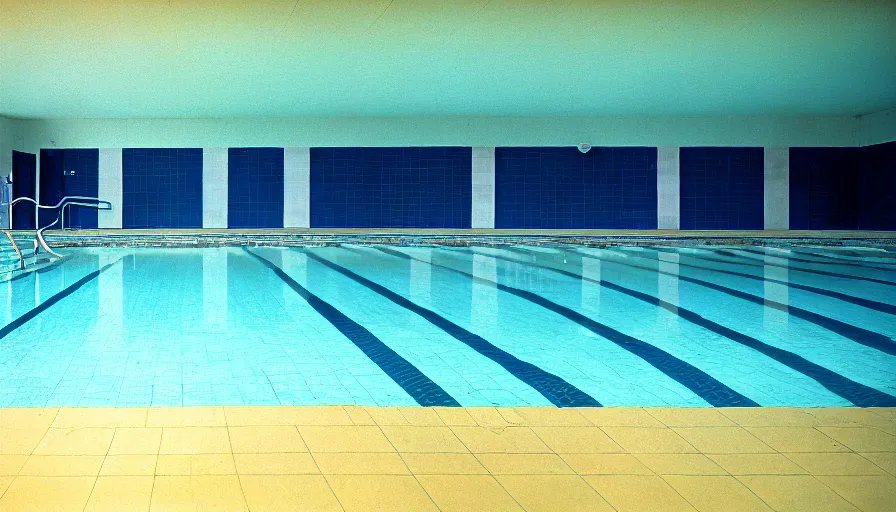 Image similar to 1 9 6 0 s movie still of empty blue tiles swimmingpool, cinestill 8 0 0 t 3 5 mm, high quality, heavy grain, high detail, panoramic, ultra wide lens, cinematic composition, dramatic light, flares, anamorphic, liminal space style