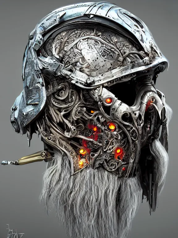 Image similar to portrait art of 8k ultra realistic undead Gandalf, intricate high tech helmet , detailed intricate ornate space suit,decaying, cybernetic, full of colour, cinematic lighting, battered, trending on artstation, 4k, hyperrealistic, focused, extreme details,unreal engine 5, cinematic, masterpiece, art by ayami kojima, giger