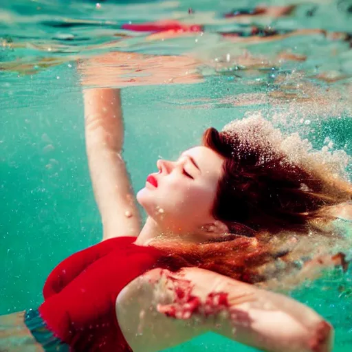 Prompt: medium close up cinematic of a beautiful teen sinking underwater in a floral sundress, eyes closed, bright red lips, sinking, motion blur
