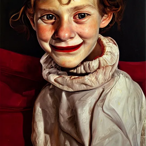Image similar to high quality high detail painting by lucian freud, hd, beautiful young girl portrait, demonic smile, alizarin crimson and white, photorealistic lighting