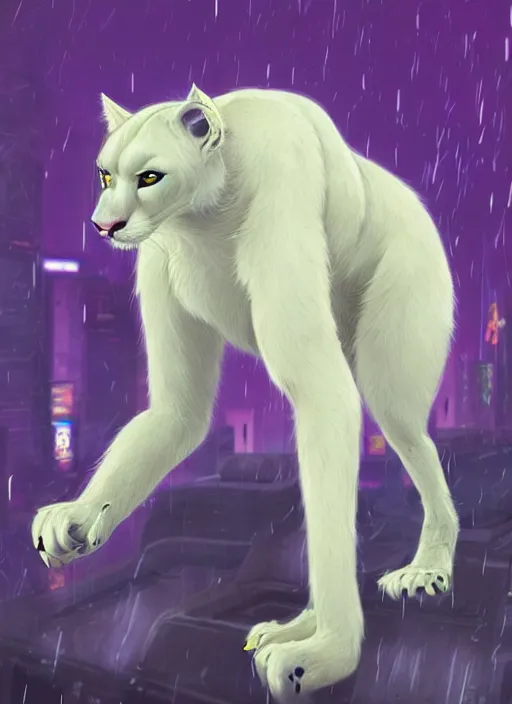 Image similar to award winning beautiful portrait commission of a male furry anthro albino mountain lion fursona with a tail and a cute beautiful attractive detailed furry face wearing stylish cyberpunk clothes in a cyberpunk city at night while it rains. Purple and Yellow neon light. Character design by charlie bowater, ross tran, artgerm, and makoto shinkai, detailed, inked, western comic book art