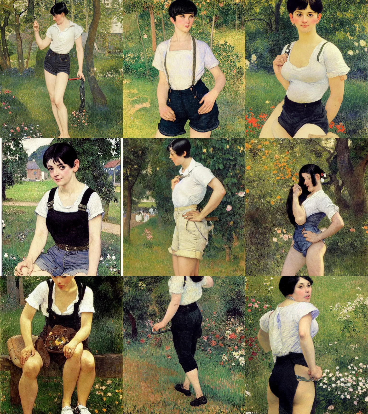 Prompt: a woman with black hair and long pixie haircut in shorts with suspenders and white t-shirt drawn by Camille Pissarro, norman rockwell, frank frazetta, alphonso azpiri, maler collier, peter paul rubens, alphonse mucha, gustav klimt 4k, unreal 5, DAZ, french noveau, trending on artstation, octane render, hyperrealistic