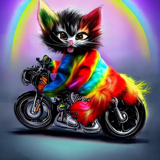 Image similar to wide angle full body, jacket wearing fluffy cute rainbow kitten wearing a black leather motorcycle jacket, riding on a motorcycle, cinematic concept art