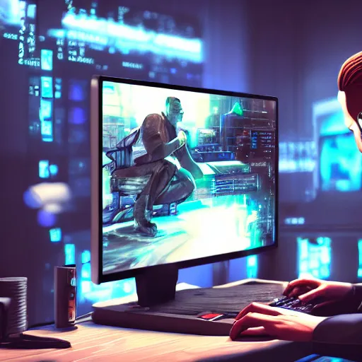 Image similar to realistic man using laptop in gaming room, artstation trends, cyberpunk concept art, highly detailed, intricate, sharp focus, digital art, 8 k