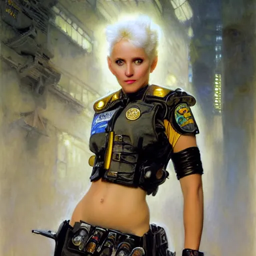 Image similar to portrait of a female white fox in a police uniform. shadowrun furaffiniy cyberpunk fantasy highly detailed painting by gaston bussiere craig mullins jc leyendecker gustav klimt artgerm greg rutkowski john berkey, bergey, craig mullins, ruan jia, raymond swanland, jeremy mann, tom lovell, alex malveda