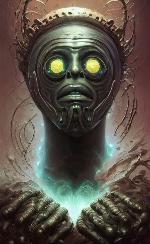 Image similar to dark horror cosmic mf doom glowing bright eyes, platinum skin, centered, digital painting, artstation, concept art, smooth, sharp focus, illustration, artgerm, tomasz alen kopera, peter mohrbacher, donato giancola, joseph christian leyendecker, wlop, frank frazetta