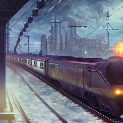 Image similar to :: Train to Hogwarts :: cyberpunk style :: Makoto Shinkai cyberpunk style :: Cinematography by Zack Snyder ::8k resolution :: cinematic shot :: epic :: awe :: masterpiece