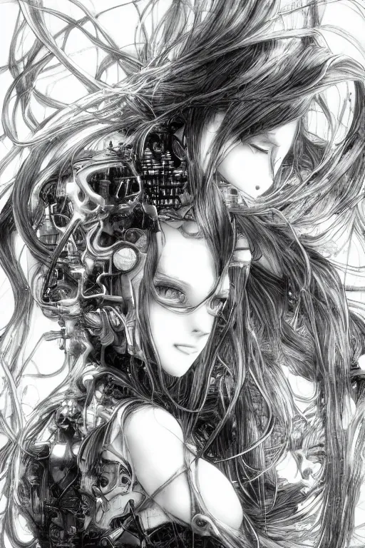 Image similar to a vertical portrait of a character in a scenic environment by Yoshitaka Amano, black and white, dreamy, cybernetic suit, wavy long black hair, highly detailed