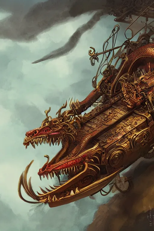 Image similar to illustration, live dragon, old sick gold and crimsoned scaled asian style dragon on a victorian plank of machinery with wires and gears and steam punk apparatus, matte painting, style of studio ghibli, concept art, featured in artstation and artgerm and pixiv, award winning, cinematic, 8 k