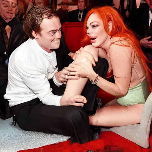 Prompt: a man tickling Lindsay Lohan feet while Lindsay Lohan Is tied to a chair