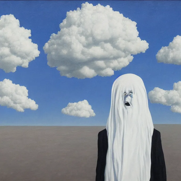 Prompt: portrait of a scary creepy ghost, clouds in the background, by rene magritte, detailed painting, distance, middle centered, hd, hq, high resolution, high detail, 4 k, 8 k