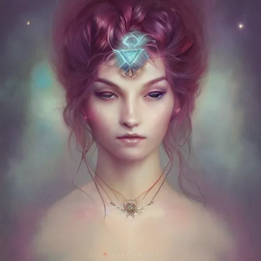 Image similar to ! beautiful female portrait, inner glow, symmetric face, flowing hair, moonlight, gemstone necklace, by wlop, by tom bagshaw, by gallen - kallela trending on artstation,