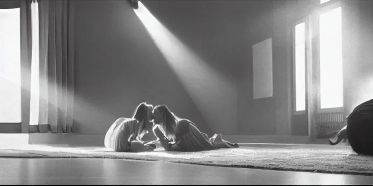 Image similar to photorealistic Cinematography of a two women kissing on the floor at night in a mid century modern apartment shot on film at magic hour with the sun shining into a room filled with volumetric haze by the shining Cinematographer john alcott on a cooke panchro 18mm lens .