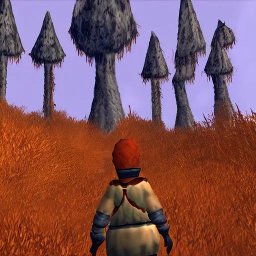 Image similar to bip bippadotta in morrowind, orange fuzzy muppet, screenshot