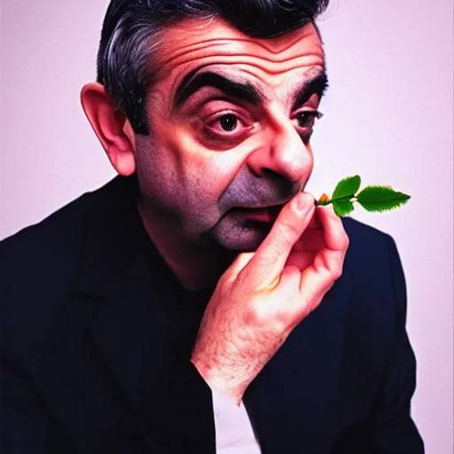 Image similar to photo of rowan atkinson eating a flower, highly detailed, extremely high quality, hd, 4 k, 8 k, professional photographer, 4 0 mp, lifelike, top - rated, award winning, realistic, detailed lighting, detailed shadows, sharp, no blur, edited, corrected, trending