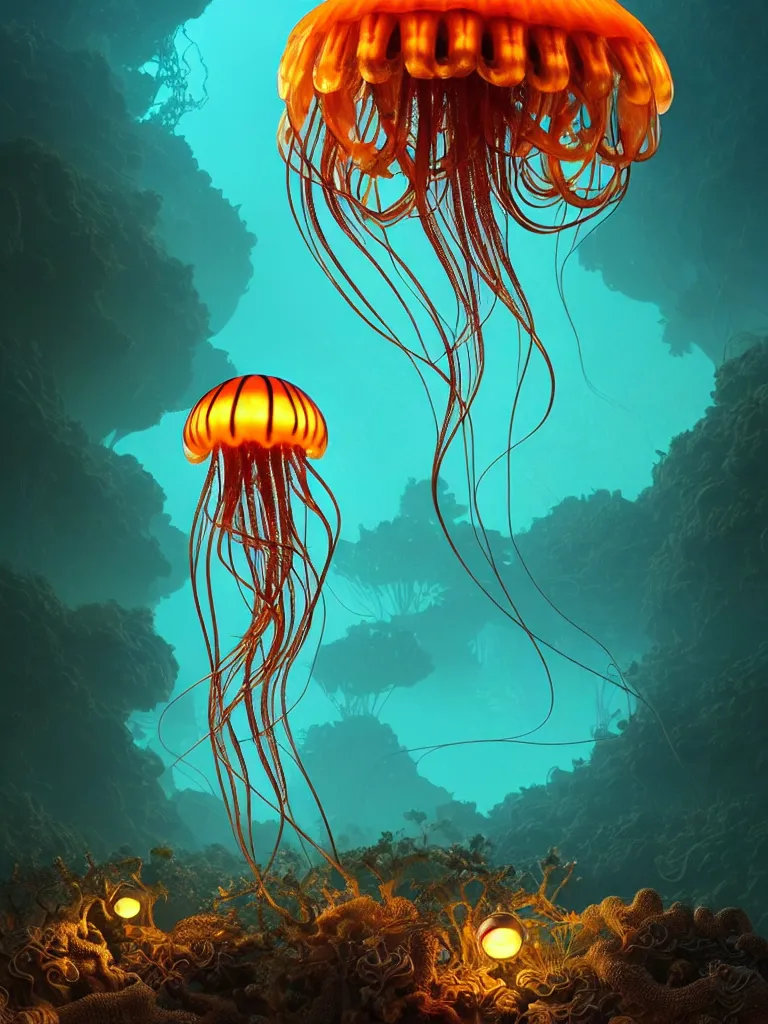 Image similar to creature octo jellyfish in a desert lush vegetation, warm tones, night, water reflection, bioluminescent translucent : : by michal karcz, daniel merriam, victo ngai and guillermo del toro : : ornate, dynamic, particulate, intricate, elegant, highly detailed, centered, artstation, smooth, sharp focus, octane render, 3 d