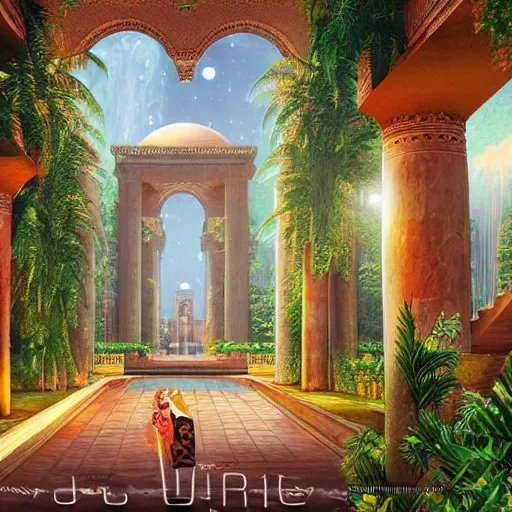 Image similar to a old big egyptian palace with plants and waterfalls, retrowave art,digital art,trending on art station