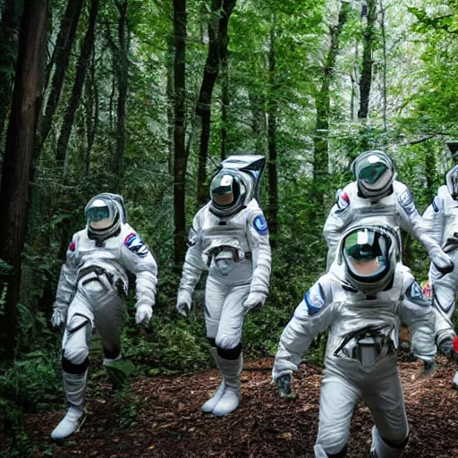 Image similar to a squad of space scouts wearing camo uniforms with white armor and helmets exploring a forest planet