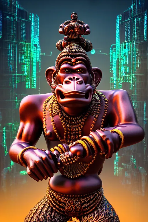 Image similar to high quality 3 d render post - rococo cyberpunk hanuman! head building, neon madhubani, open mouth, highly detailed, in sci - fi mumbai, cinematic smooth unreal engine, lee madgwick & liam wong, dramatic light, low angle, uhd 8 k, sharp focus