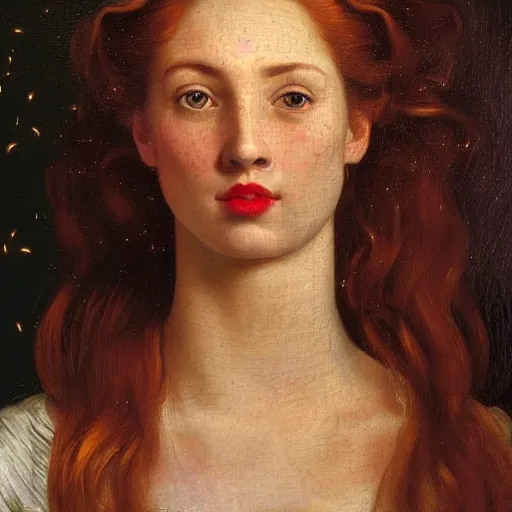 Image similar to portrait of a young woman, among the lights of golden fireflies and nature, long loose red hair, intricate details, deep green eyes, hint of freckles, round gentle face, cheeky smile with red lips, deep focus, smooth, sharp, golden ratio, hyper realistic art by artemisia lomi gentileschi and caravaggio