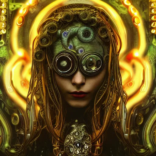 Image similar to Cyberpunk medusa, dark atmosphere, cinematic shot, intricate, ornate, photorealistic, ultra detailed, realistic, 35mm, photography, neon, octane, high definition, depth of field, bokeh, 8k, artstation, (alphonse mucha), (hr giger)