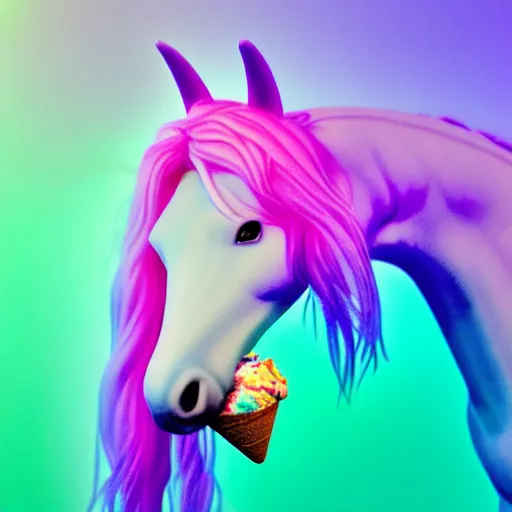 Image similar to an ultra high definition pastel coloured photograph of a real life unicorn eating and ice cream. refraction, volumetric lighting iridescence.