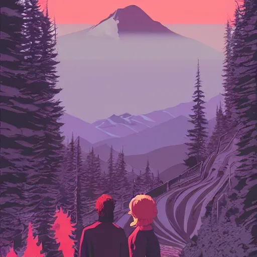 Prompt: Twin Peaks artwork by Tomer Hanuka by Makoto Shinkai and thomas kinkade