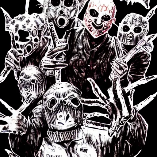 Prompt: slipknot band in the style of dorohedoro