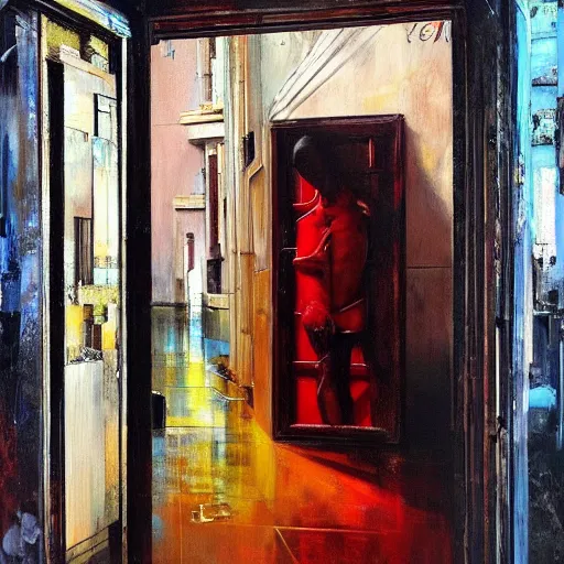 Image similar to diego dayer, hyperrealistic surrealism, award winning masterpiece with incredible details, a surreal vaporwave painting of door leading to nowhere, mirrors everywhere, highly detailed, astronaut