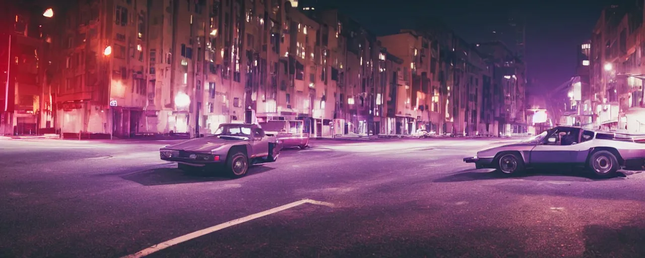 Prompt: 80s sports cars parked on deserted city street at night time purple lighted street retro-wave vibes grainy soft motion blur, cinematic, low wide angle shot