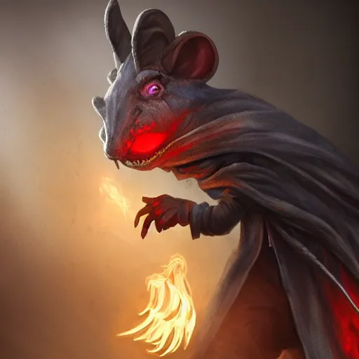 Image similar to fantasy painting of a ghostly rat sorcerer with glowing red eyes, wearing tattered black burlap robes, floating in mist, clutching a blue flame in each hand, anthropomorphic rat, skaven, master splinter, nicodemus, photorealistic, artstation