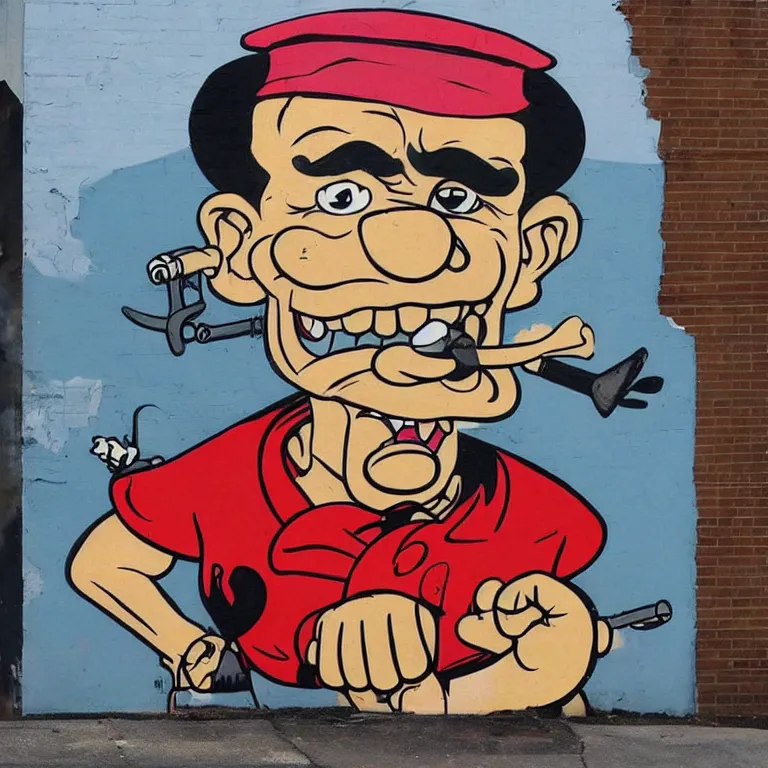 Prompt: Street-art portrait of Popeye the Sailor with the squinting (or entirely missing) right eye, huge forearms with two anchor tattoos, skinny upper arms, and corncob pipe. in style of Banksy, comic character, photorealism