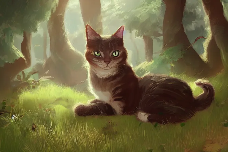 Image similar to cat in the forest, warm lighting, digital art, trending on artstation, fanart, by kawacy