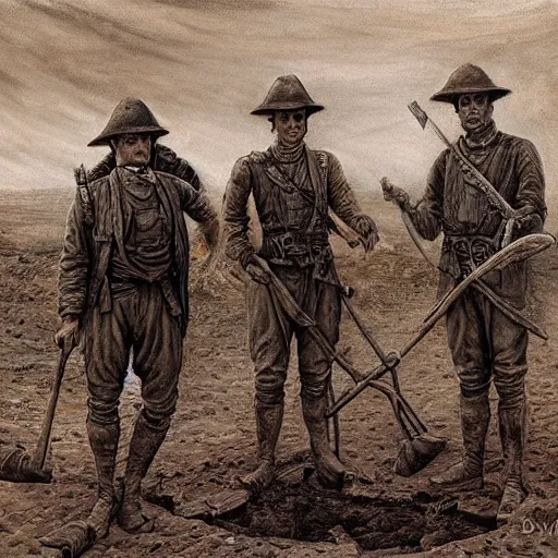 Prompt: ultra detailed photorealistic sepia - toned painting from 1 9 1 7, three british soldiers standing at an archaeological dig site in wadi rum, ultra realistic, painted, intricate details, lovecraft, atmospheric, dark, horror, brooding, highly detailed, by dave dorman