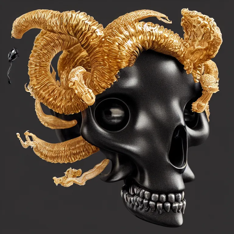 Image similar to black background. absolutely symmetrical sculpture. centered. goddess princess face close-up portrait ram skull. sculpture made of gold and black charcoal. jellyfish phoenix head, nautilus, orchid, skull, betta fish, bioluminiscent creatures, intricate artwork by Tooth Wu and wlop and beeple. octane render, trending on artstation, greg rutkowski very coherent symmetrical artwork. cinematic, hyper realism, high detail, octane render, 8k