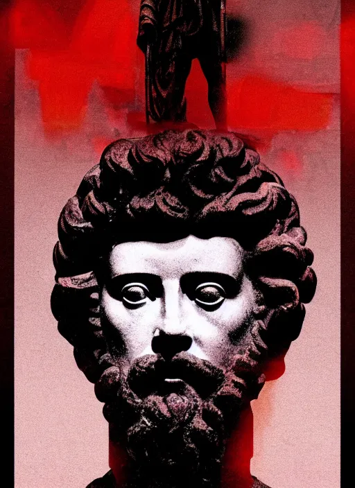 Image similar to dark design poster showing a statue of marcus aurelius, black background with very subtle red and purple design elements, powerful, nekro, vito acconci, thin straight lines, dark, glitch art, neo vaporwave, gritty, layout frame, square, trending on artstation